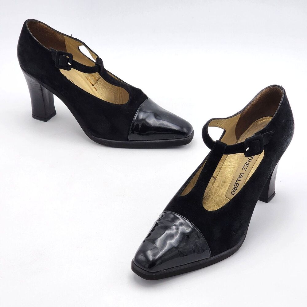 Martinez Valero Vintage T-Strap Velvet Leather Pumps Heels Black Size 9.5 RARE